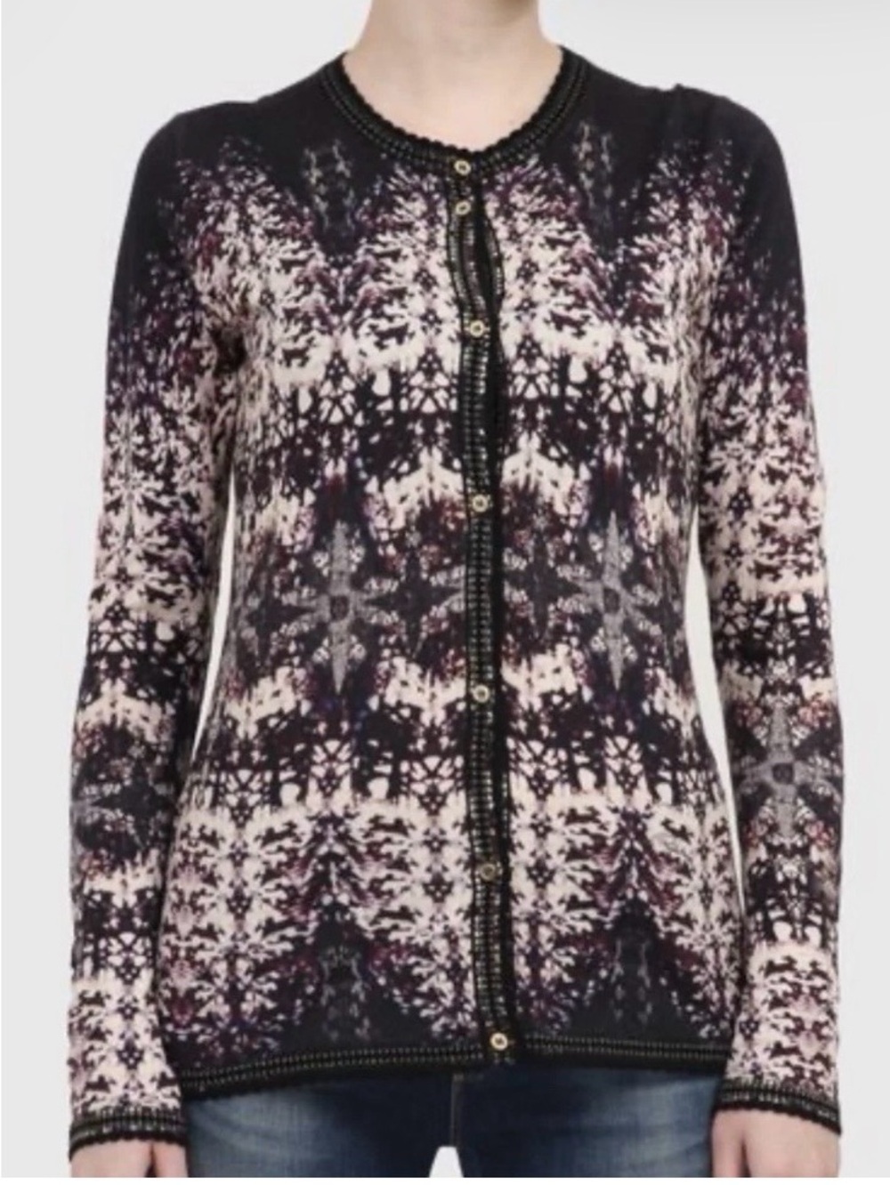 Roberto Cavalli Black/Ivory Floral Knit Wool Button Cardigan - Size 44